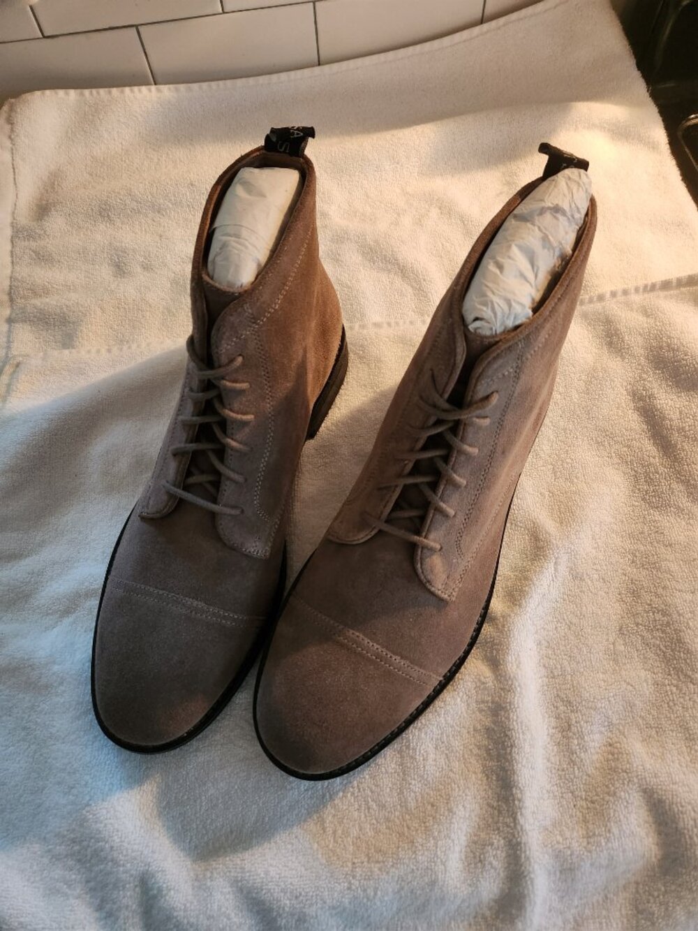 NWOB AllSaints Men's Suede Lace Up Cap Toe Boots Taupe Grey Sz 43 US 10